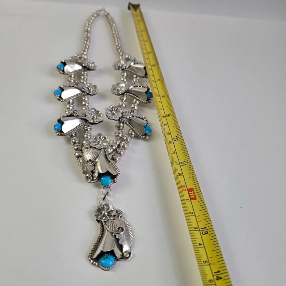 Sterling Silver 925 and Turquoise Floral Squash Blossom Necklace - Picture 3 of 16